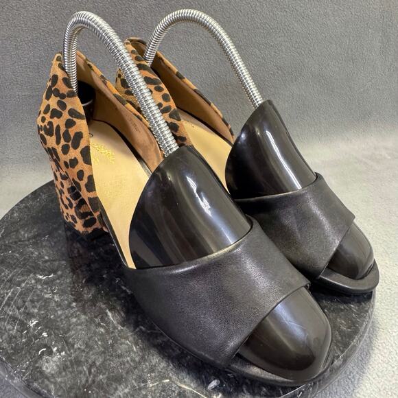 Seychelles Leopard Print & Black Leather Peep Toe Block Heels Women's Size 8 US - Picture 9 of 12
